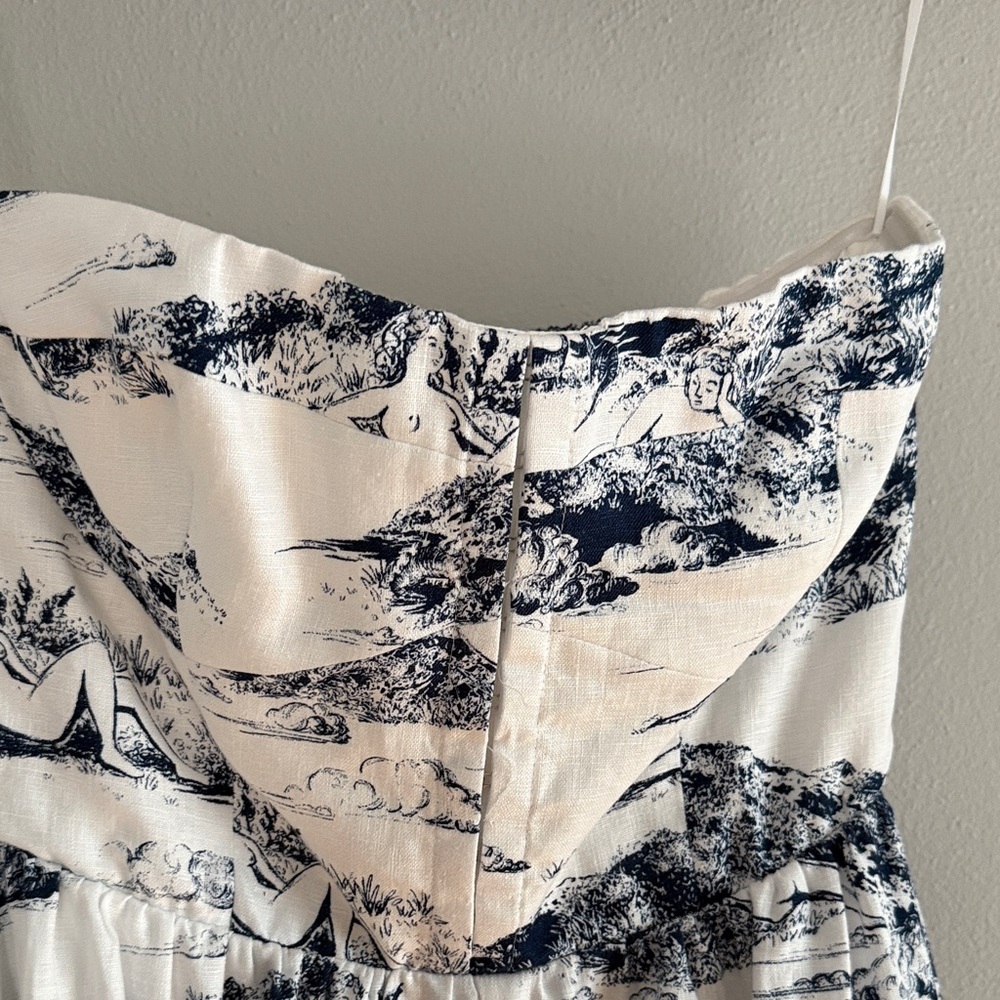 Reformation White Strapless Dress with Navy Scenic Print - Picture 3 of 5